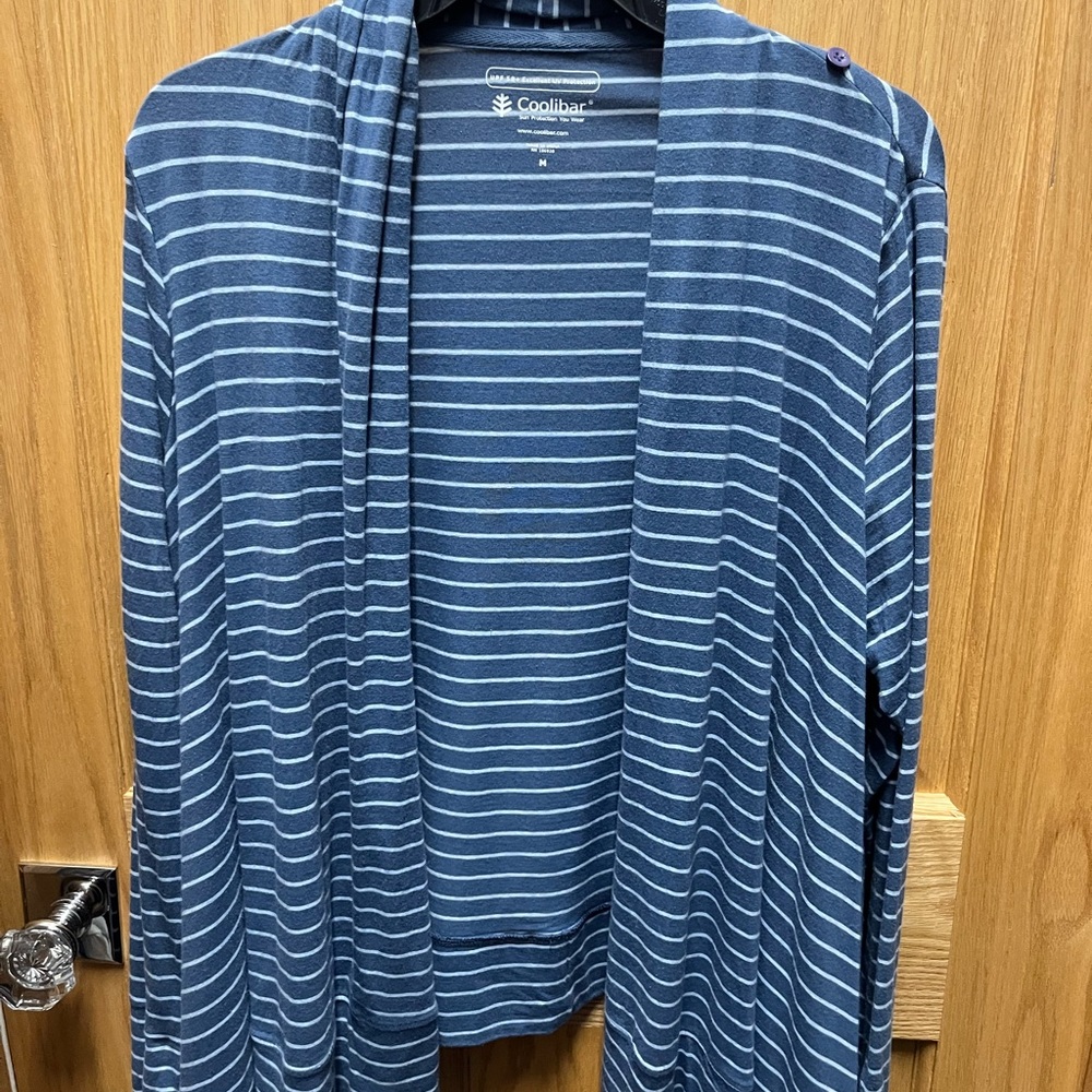 Coolibar Navy and Light Blue Striped Drape Cardigan UPF 50